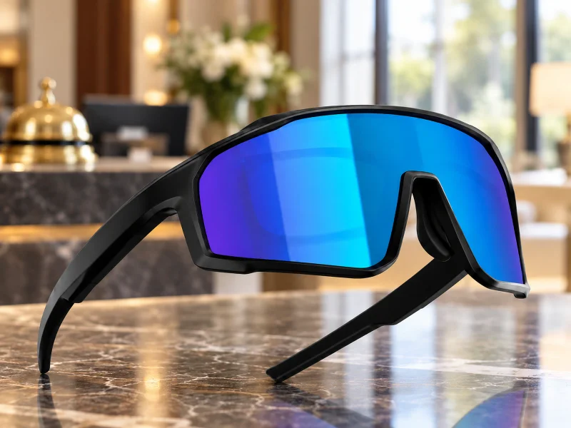 Illustratie: Black sports audio glasses with blue mirrored wraparound lens on a desk in the UK