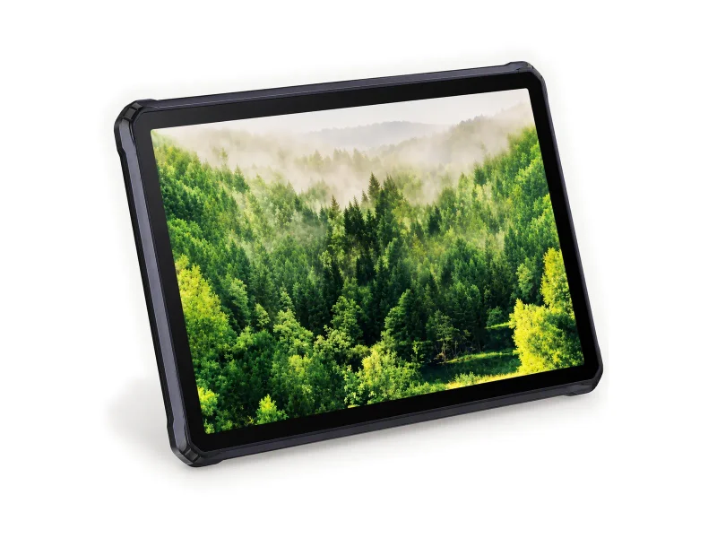 Black rugged tablet with a forest image on its screen on a light studio background