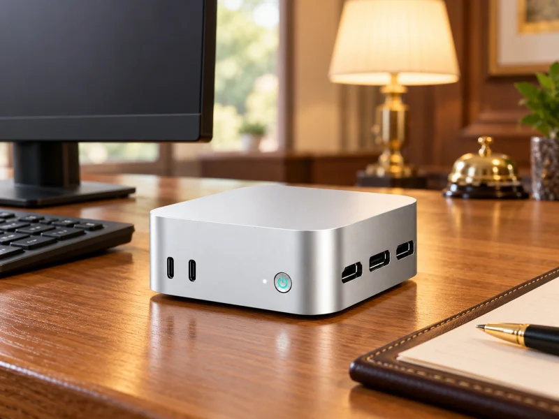 Illustration: Compact silver mini PC with green power button on a desk