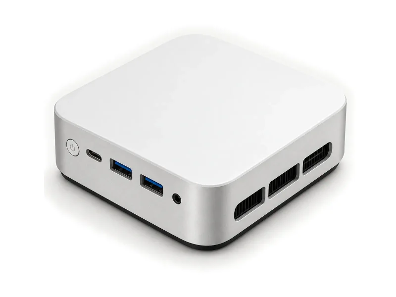 Compact white mini PC on a light studio background