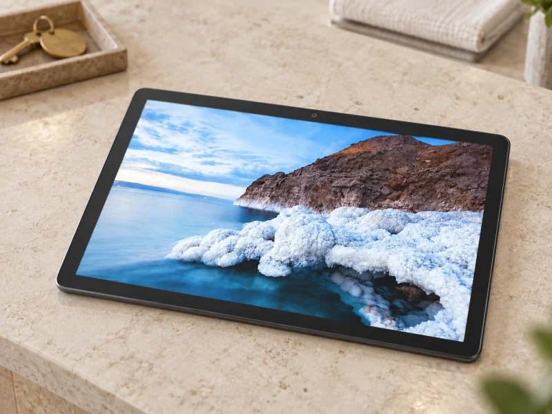 Illustration: grey 13.3inch tablet on a desk in the UK