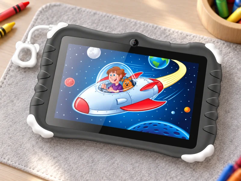 Illustration: 7inch dark protective children tablet on a desk in Singapore