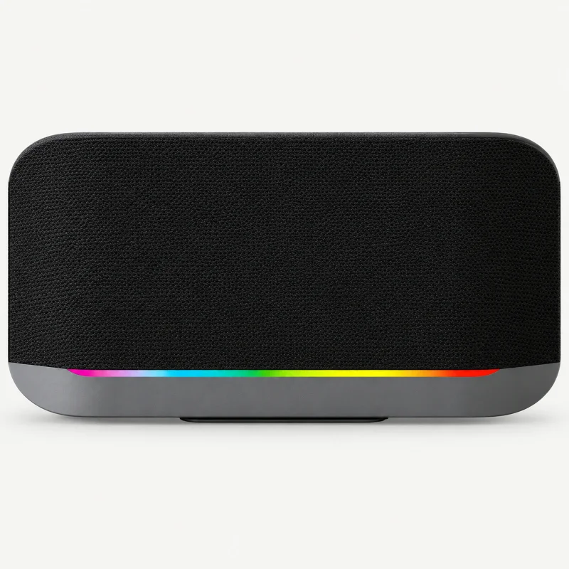 Black rounded wall speaker with gray base and thin rainbow light on a light studio background