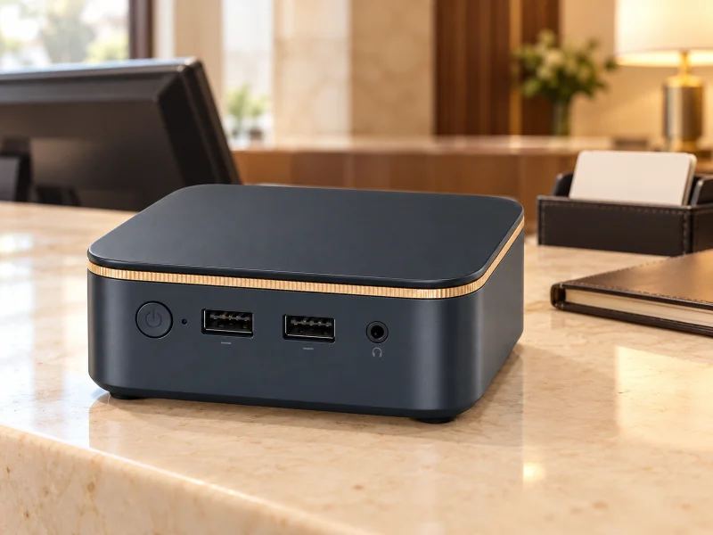Illustratie: Dark mini PC with thin champagne-gold lid trim on a counter