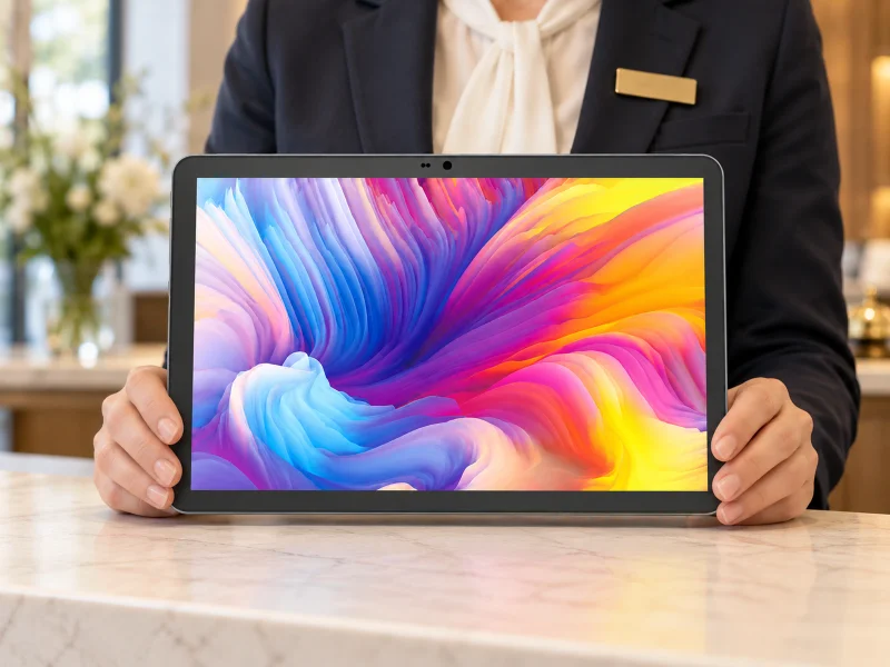 Illustratie: Graphite landscape tablet with three top-bezel apertures on a counter in the Netherlands