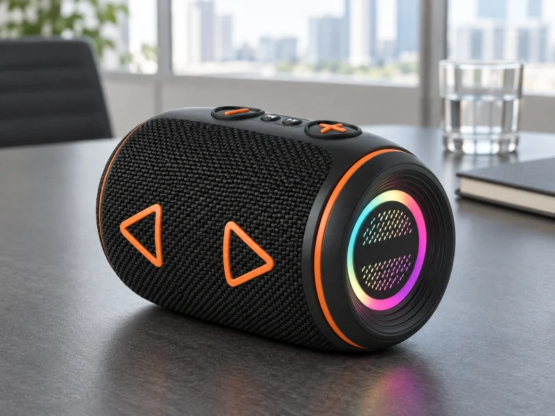 插图：Compact barrel-shaped portable speaker with woven grille and RGB end ring on a desk