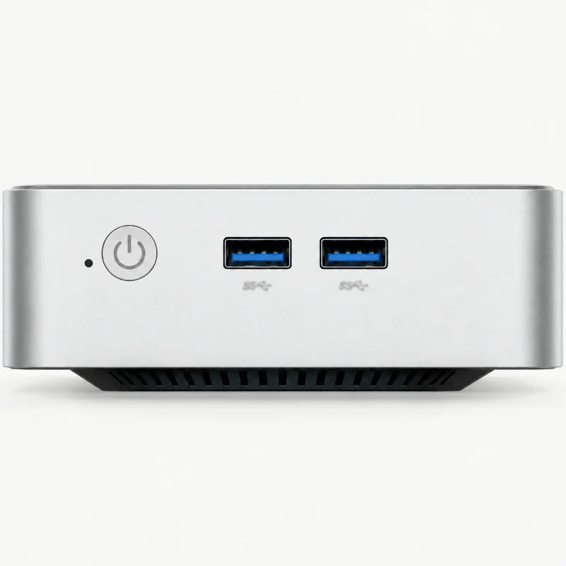 Silver compact mini PC on a light studio background