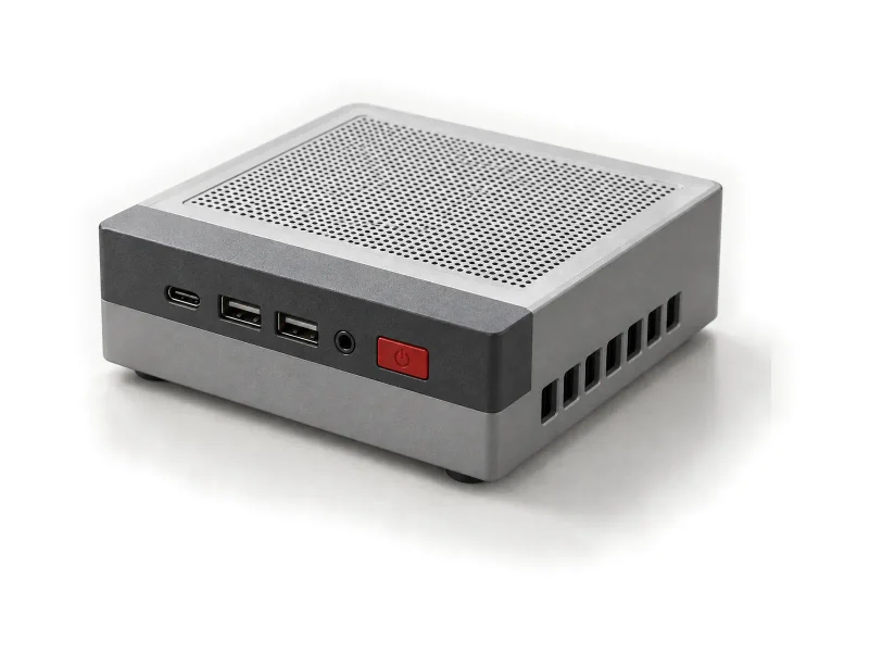 Grey compact desktop mini PC with red power button on a light studio background