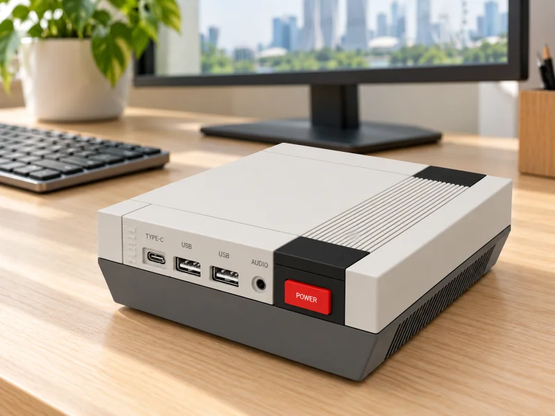 插图:Retro console-shaped off-white and dark-gray mini PC with red power button on a desk in Singapore