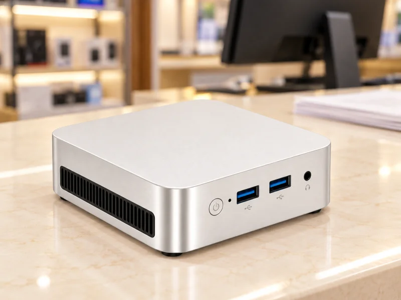 插图：Pale silver mini PC with two blue USB-A ports and left slatted vent on a counter