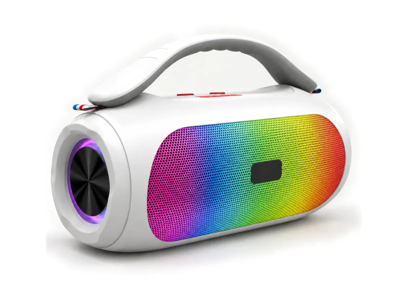 White portable speaker with arched handle and rainbow perforated grille on a light studio background