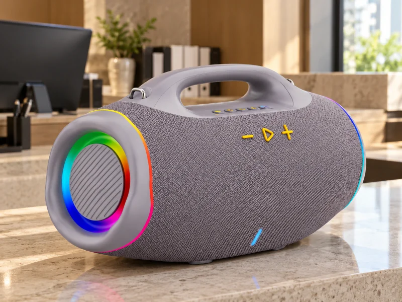 Ilustrasi: Lavender gray portable carryhandle speaker on a desk