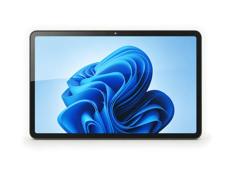 Grey-green computer tablet on a light studio background