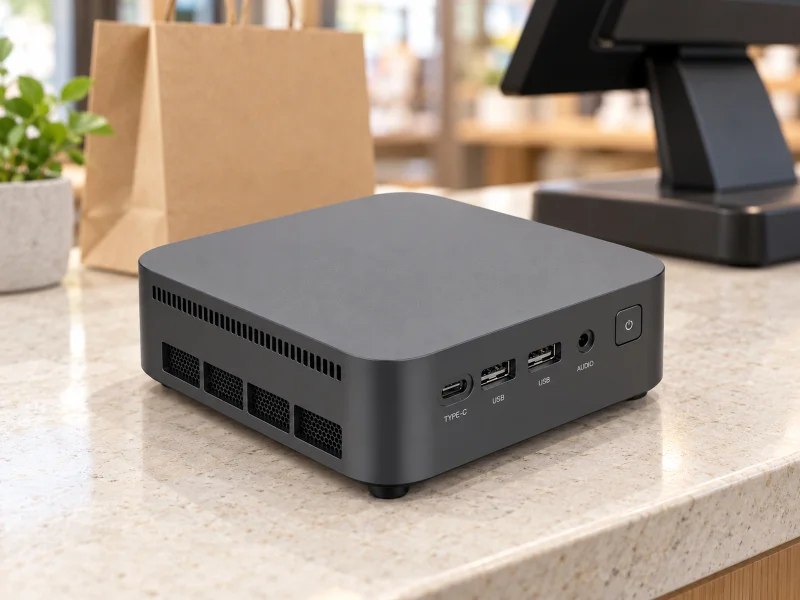 Illustratie: Graphite compact AI mini PC with labeled front USB and audio connectors on a counter in Malaysia