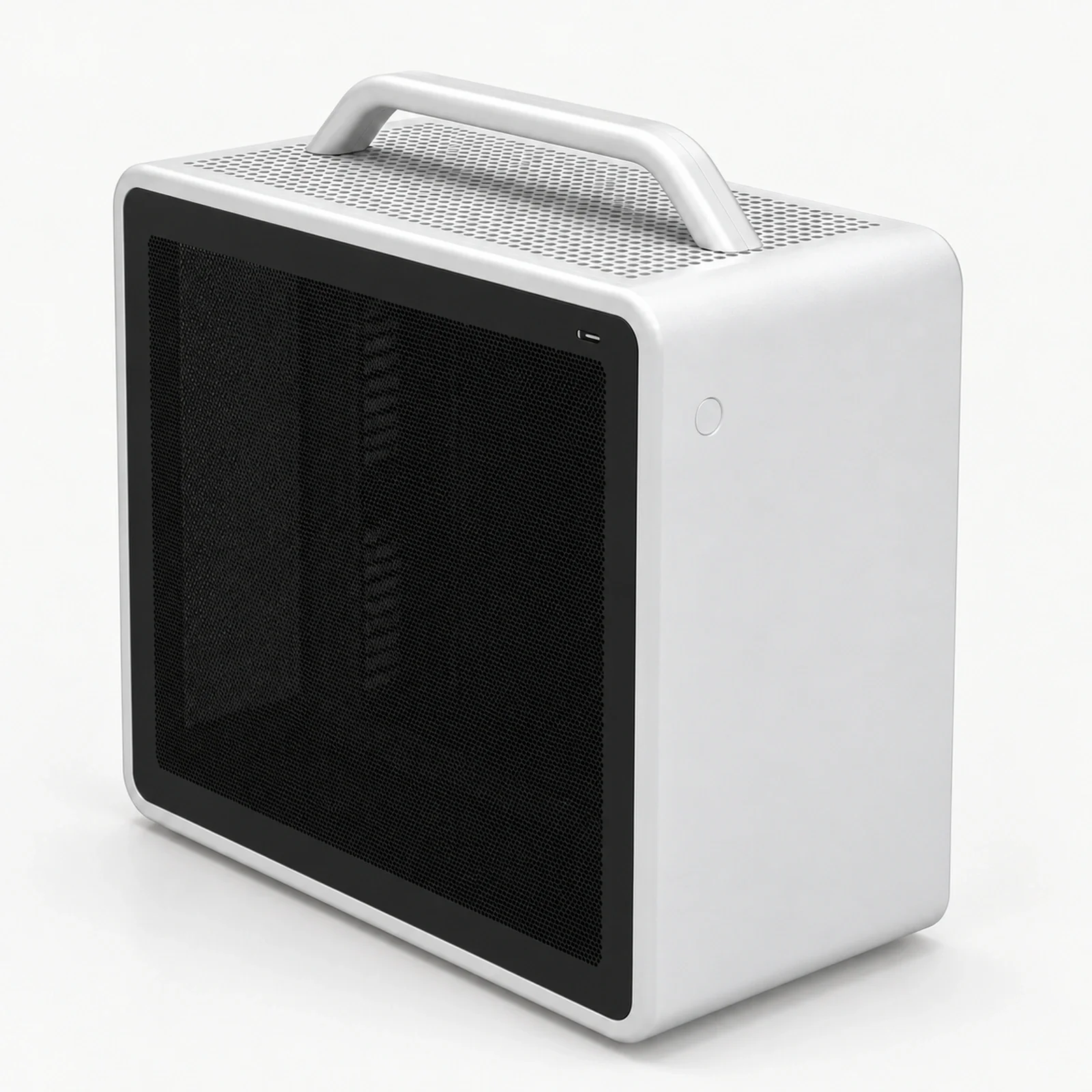 Silver-white workstation with a carry handle on a light studio background