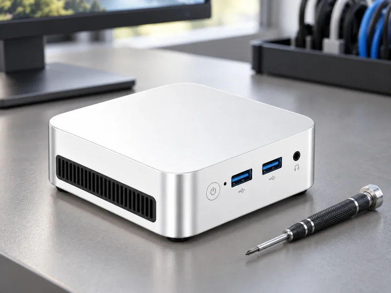 Illustratie: Bright pale silver mini PC with blue USB-A ports and left slatted vent on a desk