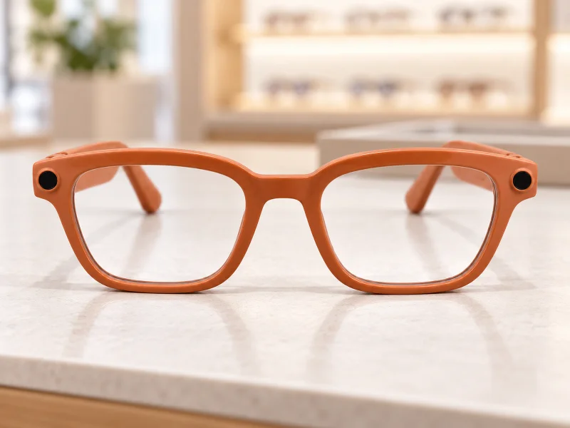 Illustration: Orange camera glasses with clear lenses on a desk in the Netherlands