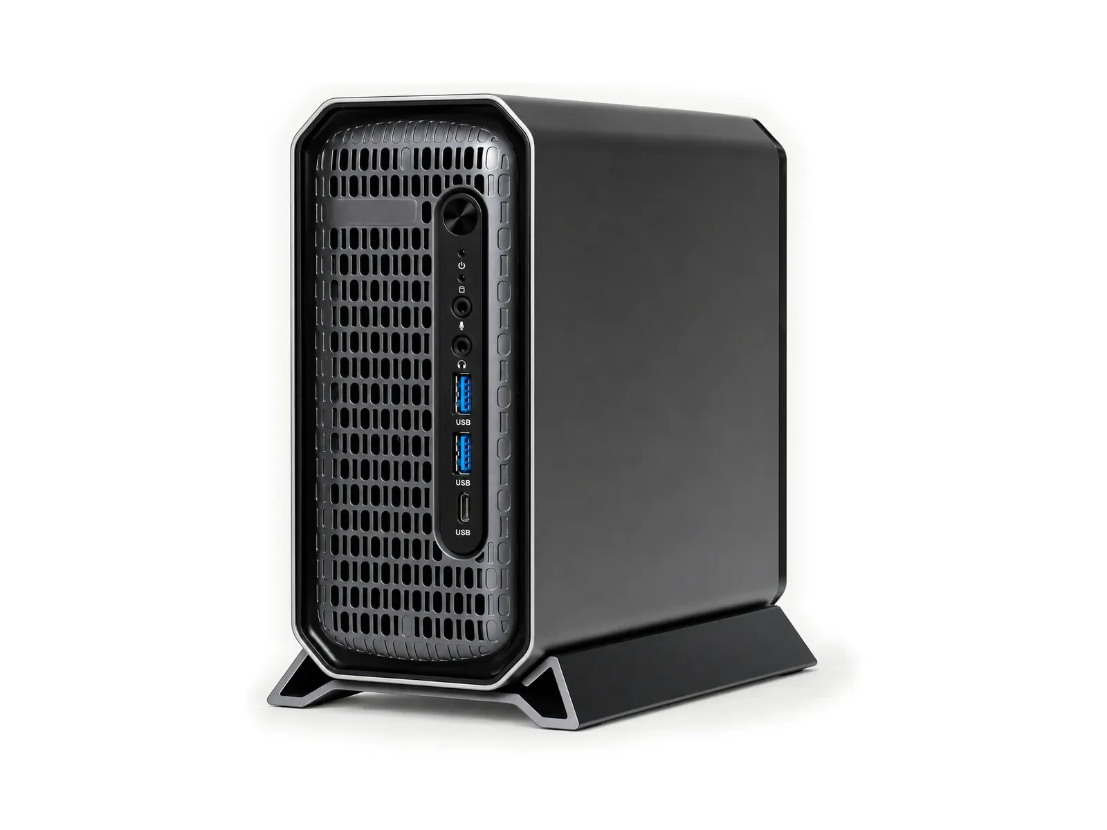 Upright black compact workstation on a light studio background