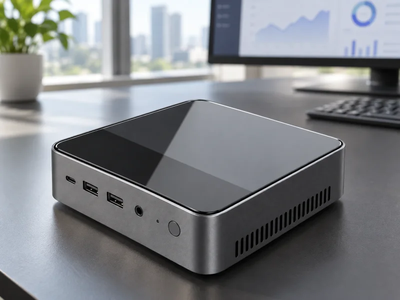 Illustratie: Dark glass-top square mini PC on a desk
