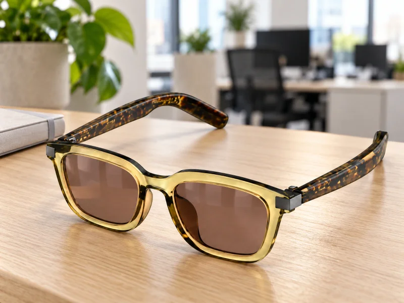 Ilustrasi: Champagne-frame smart sunglasses with brown lenses and tortoiseshell temples on a counter in the Netherlands