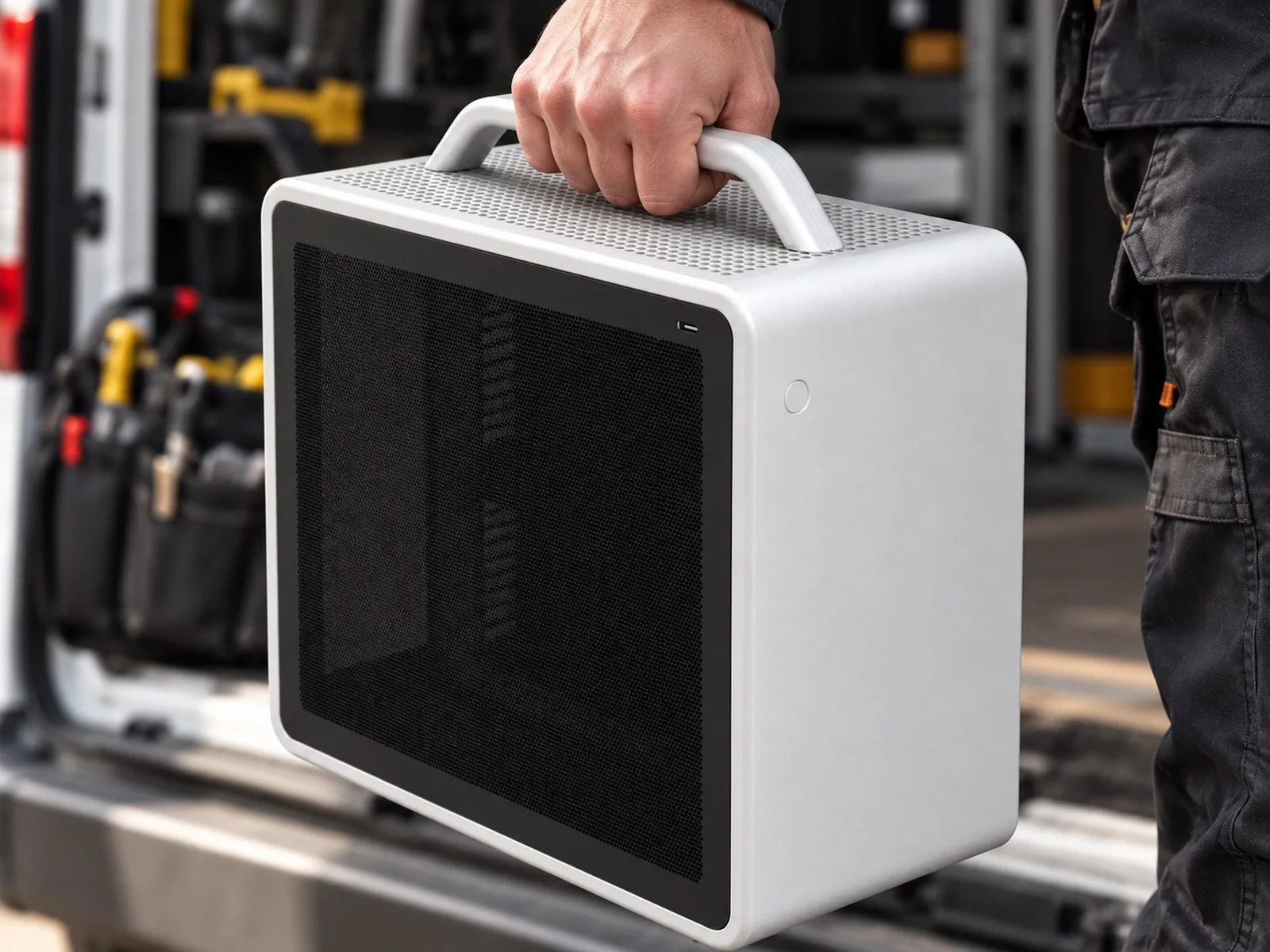 Ilustrasi: Silver-white workstation with a carry handle being carried by an installer