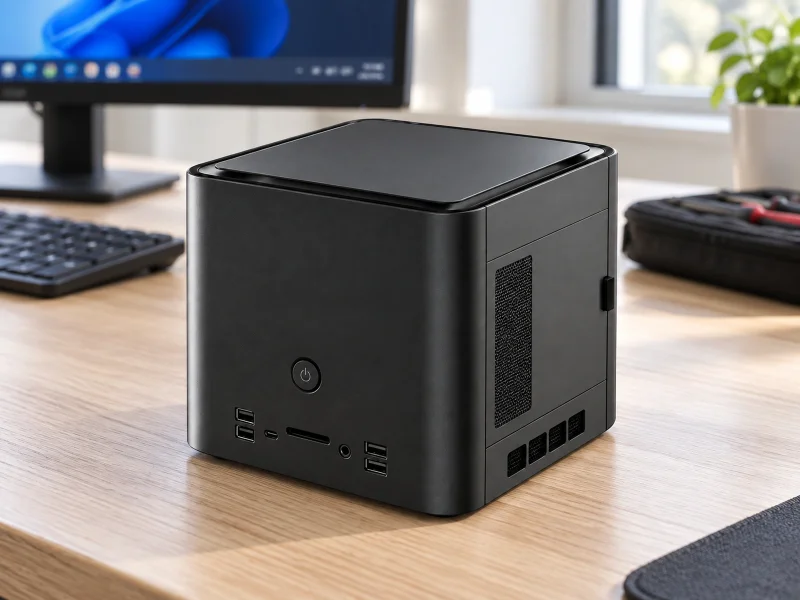 Illustration: Compact black mini workstation on a desk