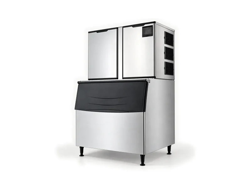 Wide modular stainless cube ice maker on a light studio background