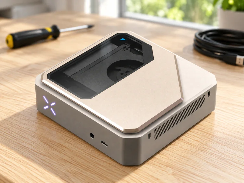 插图：Champagne and gunmetal edge AI mini PC with transparent top window on a workbench in the Netherlands