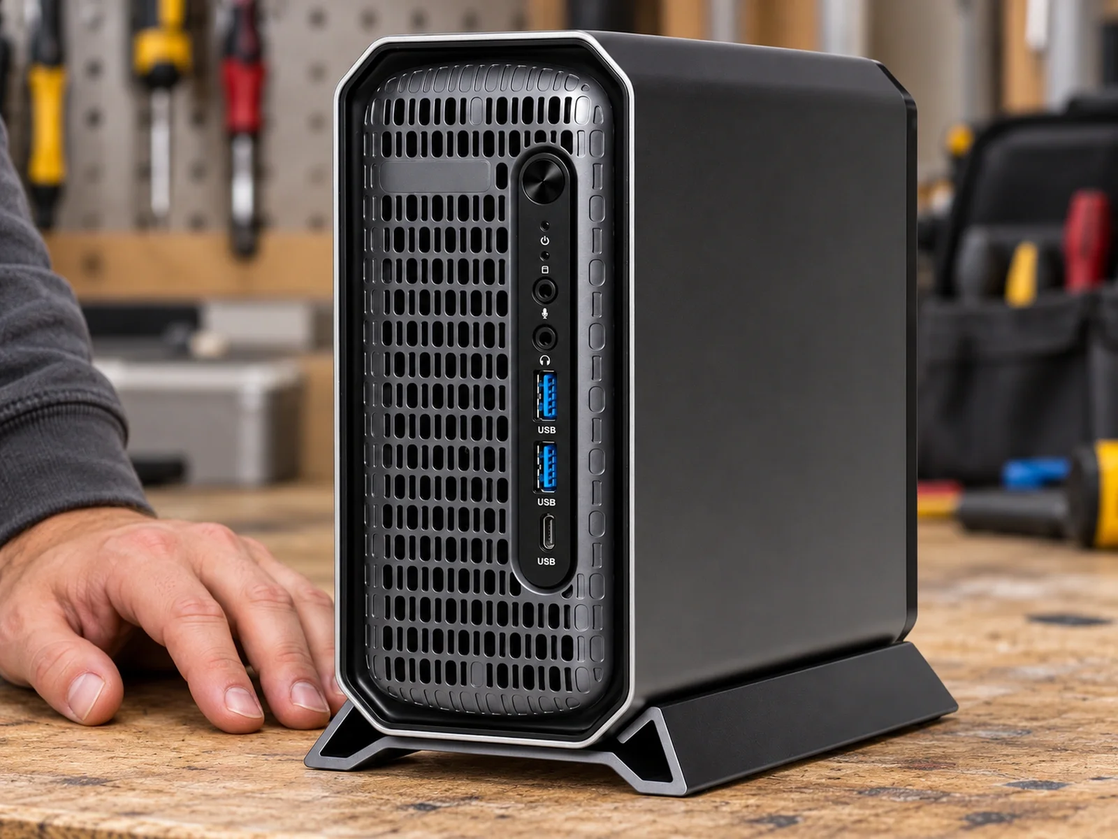 Ilustrasi: Upright black compact workstation on an installer workbench
