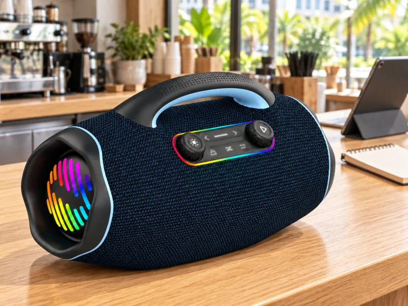 插图：Dark navy portable carryhandle speaker on a counter