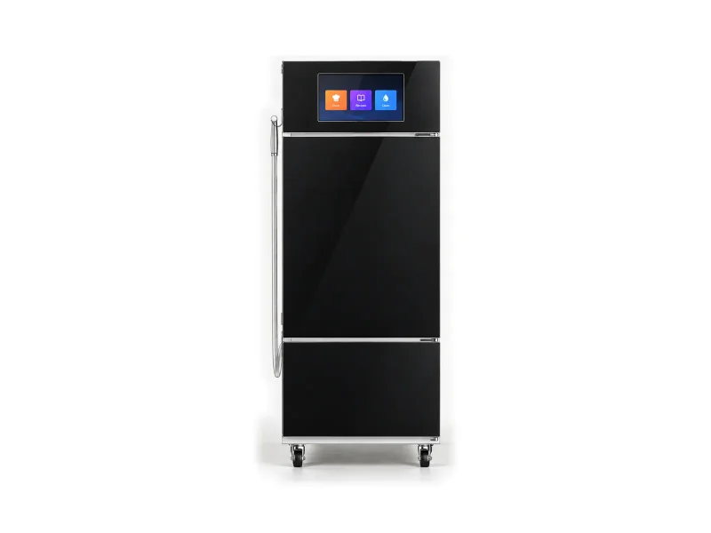 Compact enclosed cooking robot on a light studio background