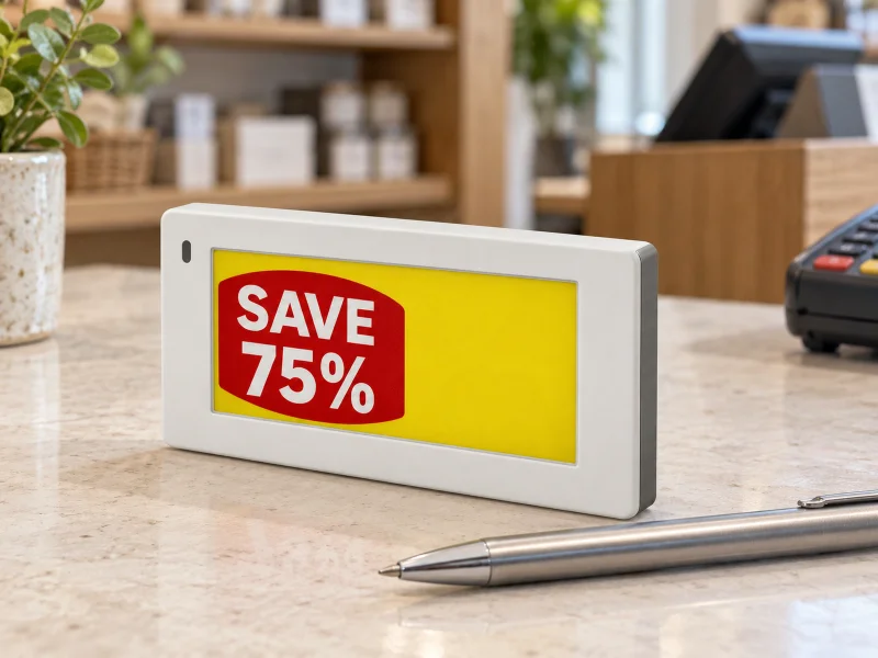 Ilustrasi: White 2.66 inch four-colour electronic shelf label on a counter