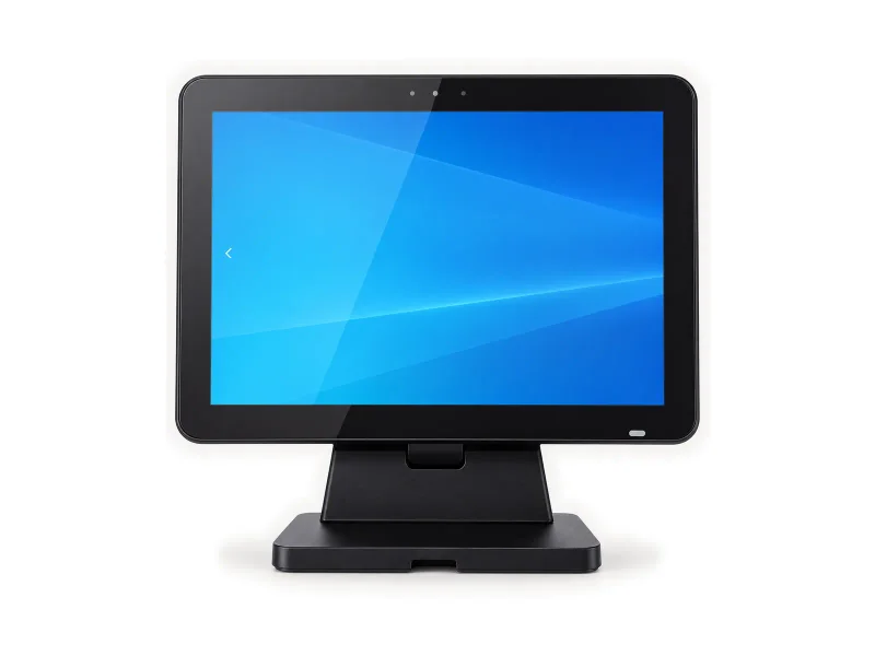 Black front-view POS terminal with short sloped stand and notched base on a light studio background