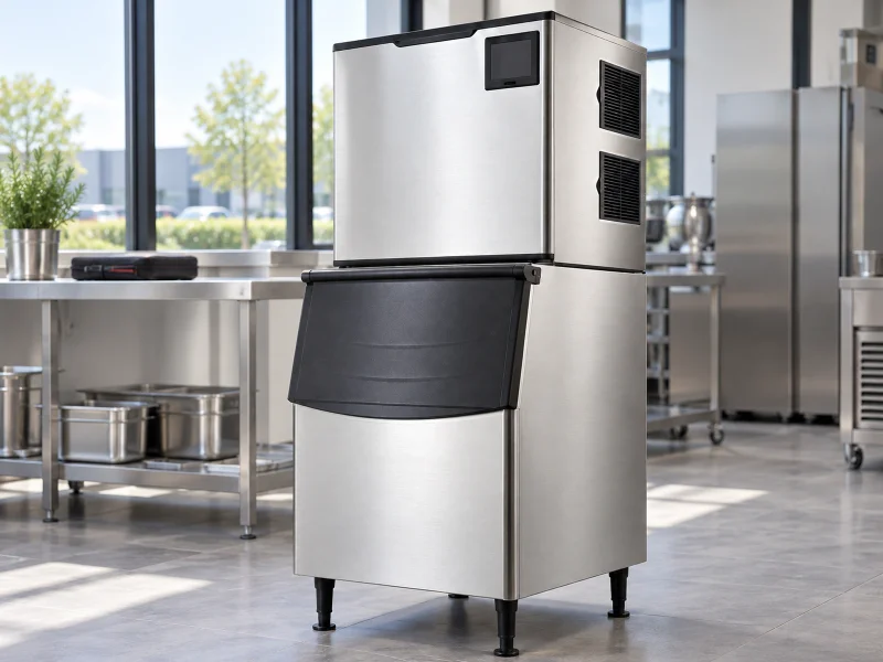 插图:Tall modular stainless cube ice maker on a desk