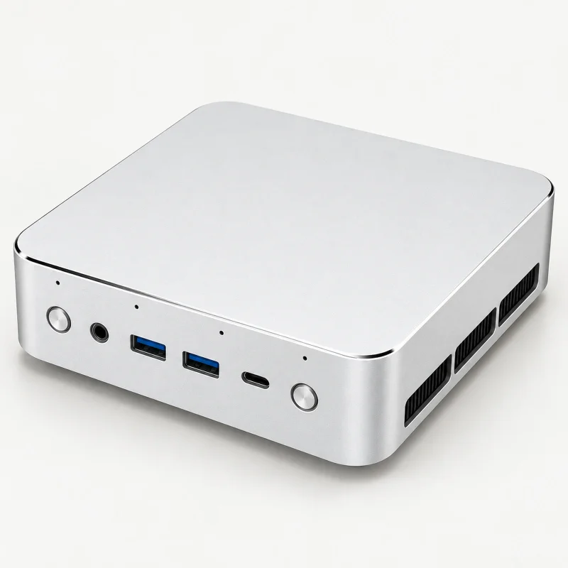 Low-profile silver mini PC on a light studio background