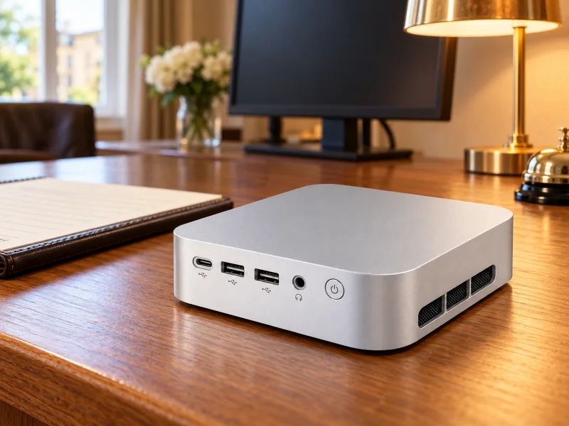 Illustratie: Silver mini PC with three front USB connectors on a desk