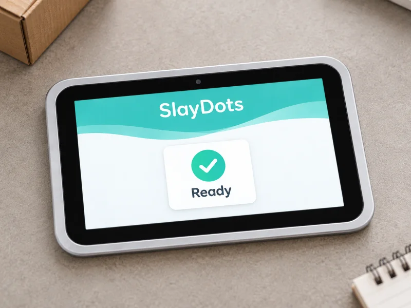 Illustratie: silver-grey8inch tablet on a desk in the Netherlands