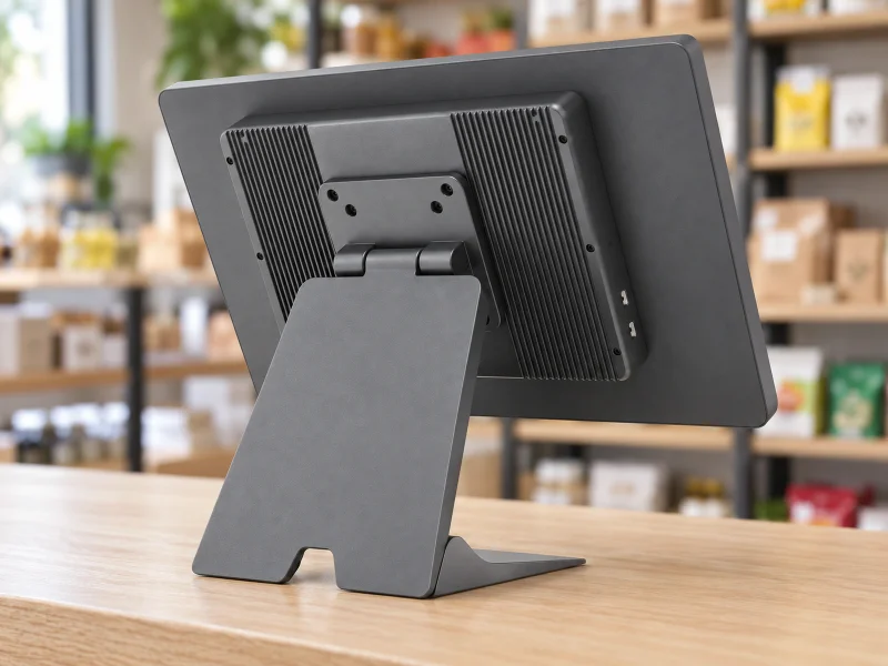 Illustration: Graphite POS terminal rear view with finned housing and broad folding stand on a counter in Malaysia