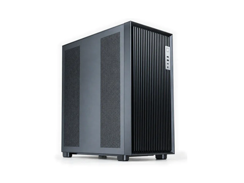 Charcoal tower workstation with a vertical fin front on a light studio background