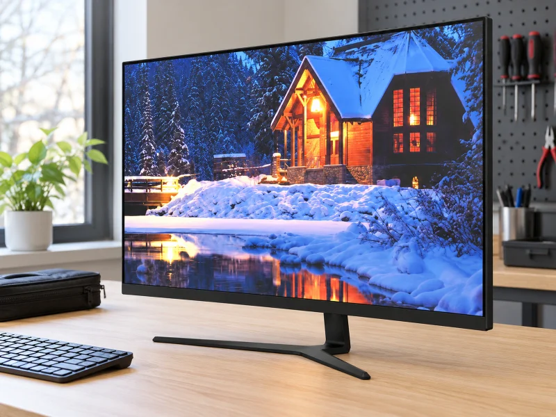 Illustration: Black thin-bezel desktop monitor with an angular stand on a Netherlands installer desk