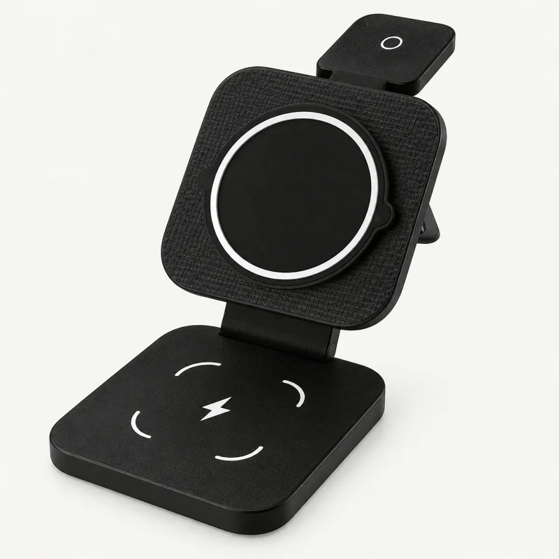 Black open folding three-in-one charging stand on a light studio background