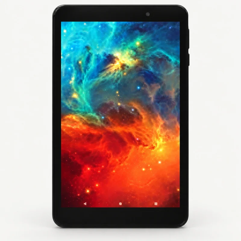 7 inch black tablet on a light studio background