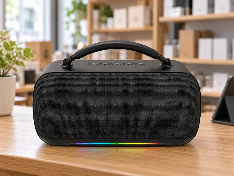 插图：Black portable speaker with an arched carry handle and lower rainbow light strip on a Singapore shop counter
