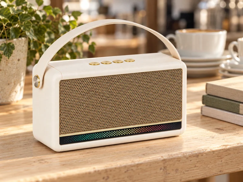 插图：Ivory portable retro speaker with gold grille, arched strap and dotted light bar on a shelf in the UK