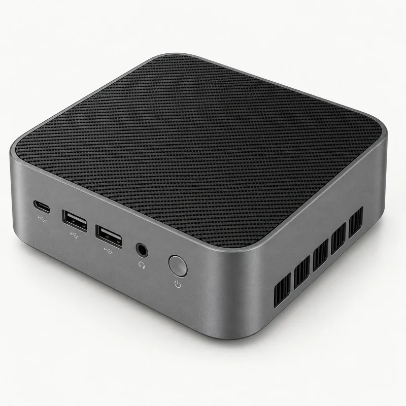 Graphite mini PC with black ridged mesh top on a light studio background