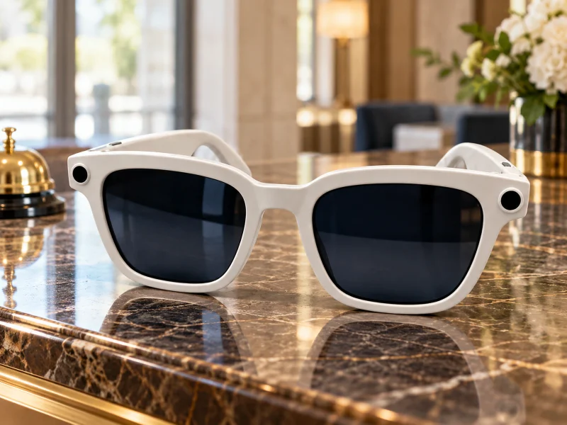 Illustratie: White camera sunglasses with dark lenses on a desk in the UK
