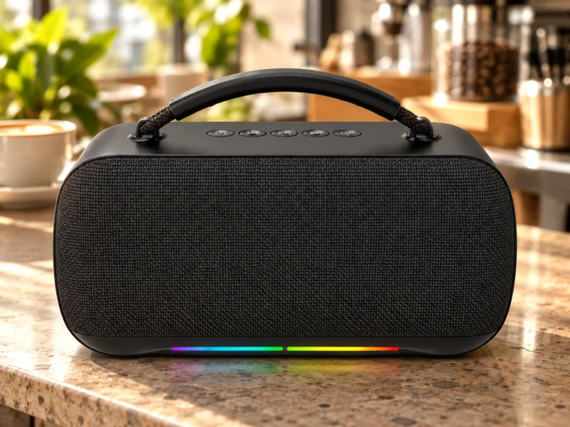 插图：Black portable speaker with an arched carry handle and lower rainbow light strip on a sheltered Malaysian cafe counter