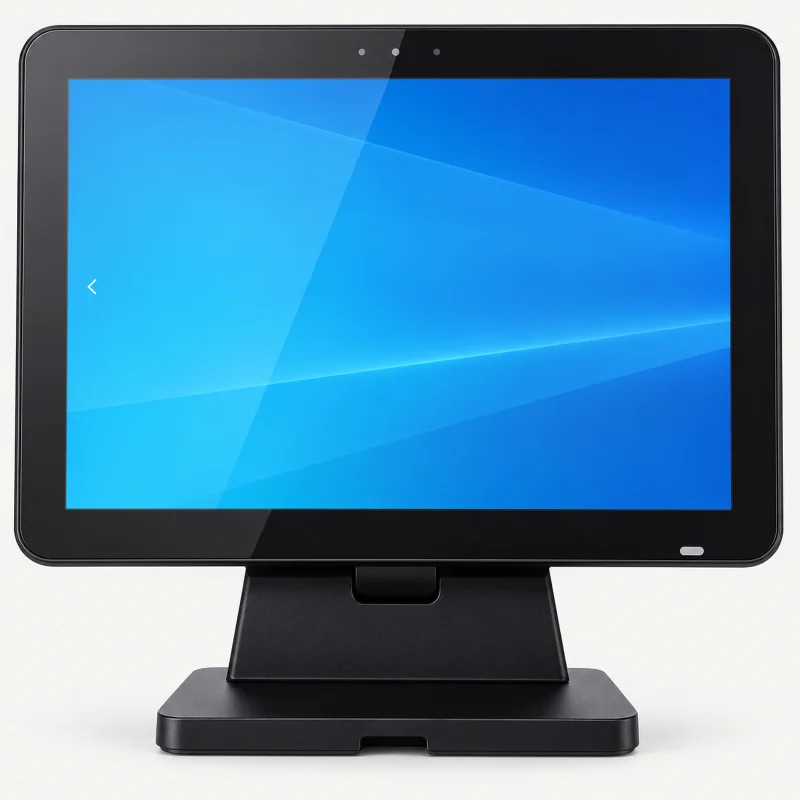Black front-view POS terminal with short sloped stand and notched base on a light studio background