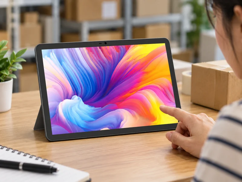 Illustratie: Graphite landscape tablet with three top-bezel apertures on a desk in Singapore