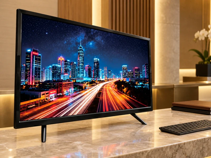 Illustration: Black desktop monitor with two separated feet on a Singapore hotel reception desk